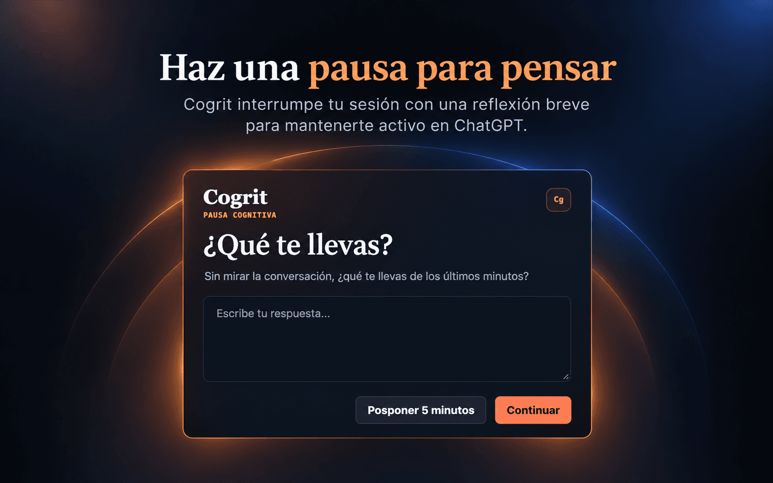 Captura de Cogrit mostrando una pausa de reflexión durante el uso de inteligencia artificial.