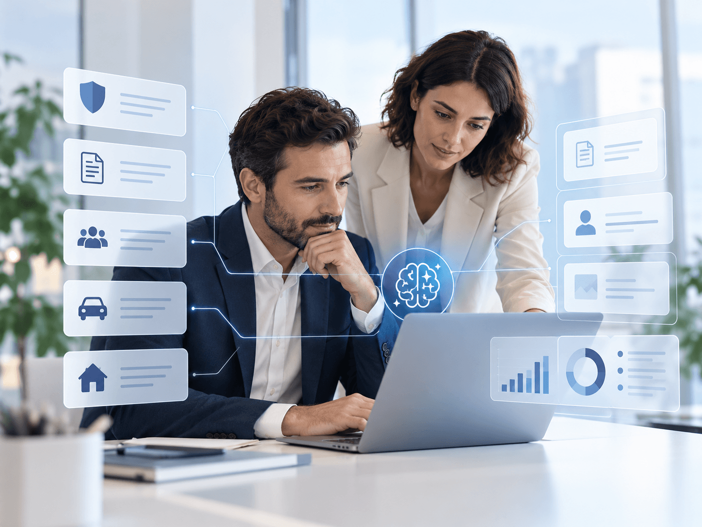 Ilustración conceptual sobre colaboración e inteligencia artificial en el sector asegurador.