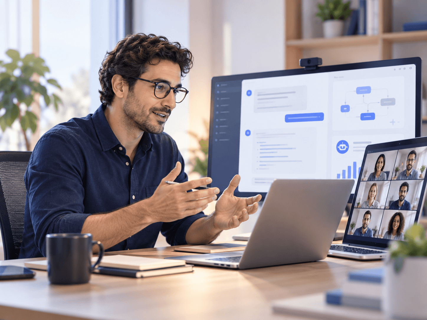 Profesional trabajando en una sesión online con herramientas de inteligencia artificial.